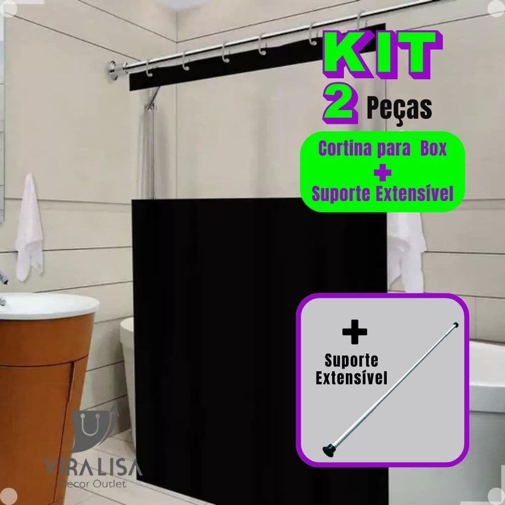 Kit Cortina para Box de Banheiro Antimofo com Visor  + Suporte de Cortina