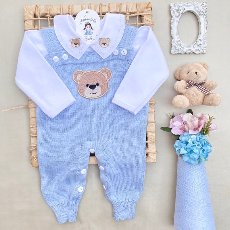 Saida de maternidade Conjunto Tricot Bebê Carinho Azul