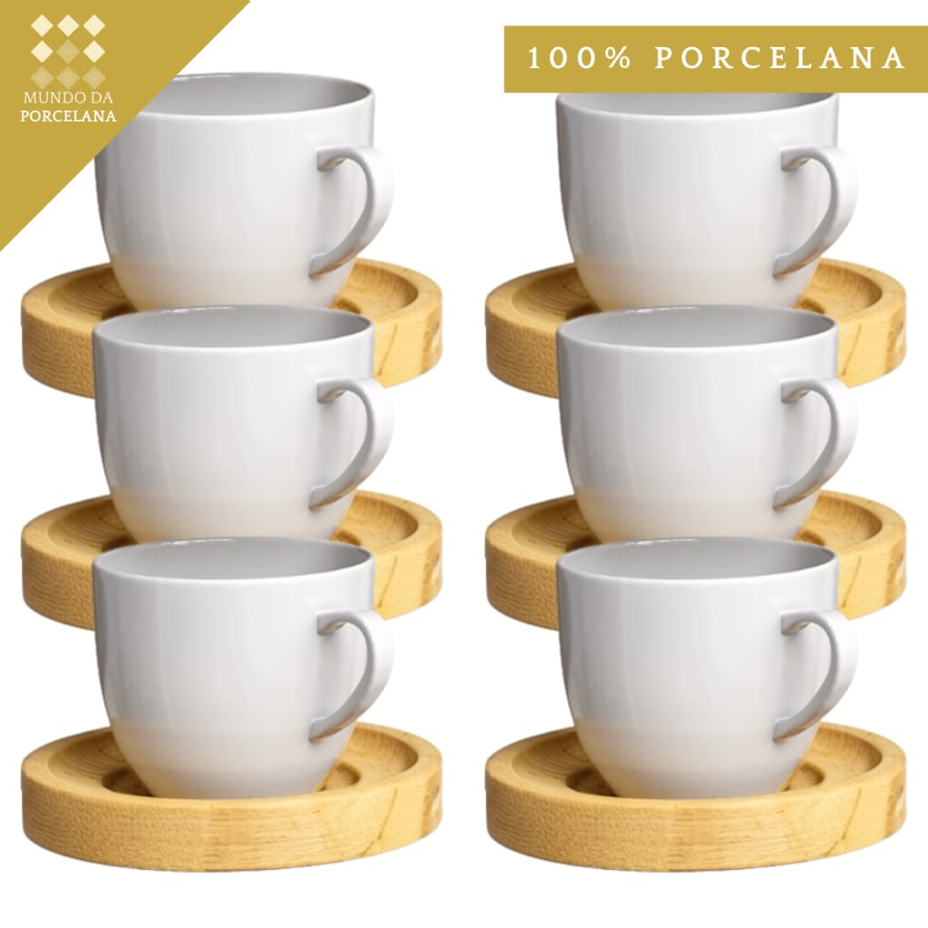 Jogo 6 Xicaras Porcelana Kit Caneca Café Chá Com Pires Madeira 12 Peças