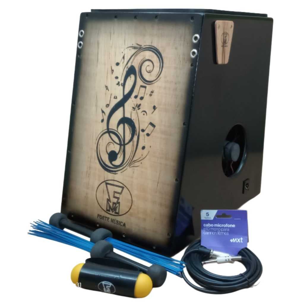 Cajon 2 Bumbos Eletro Acústico  - Forte Musica  - CDS-E+CABO+2 VASSOURINHAS+SLAP.