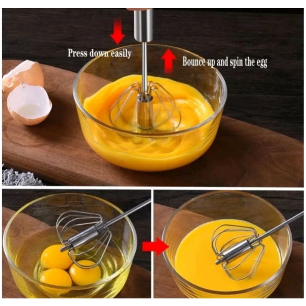 KIT 2 BATEDOR DE OVOS GIRATORIO EM ACO INOX PARA OVOS MASSAS E BOLOS
