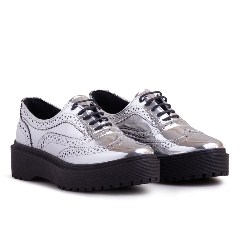 Sapato Feminino Tratorado Estilo Oxford Metalizado Moderno