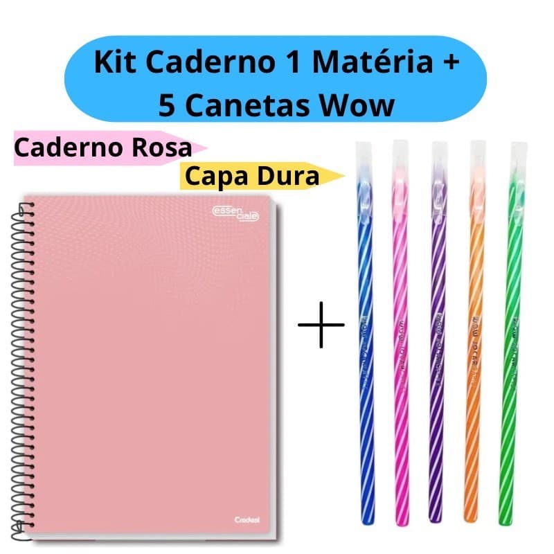 Kit Caderno Universitário 1 Matéria + 5 Canetas Wow 0.7mm Coloridas Caderno Capa Dura Escolar