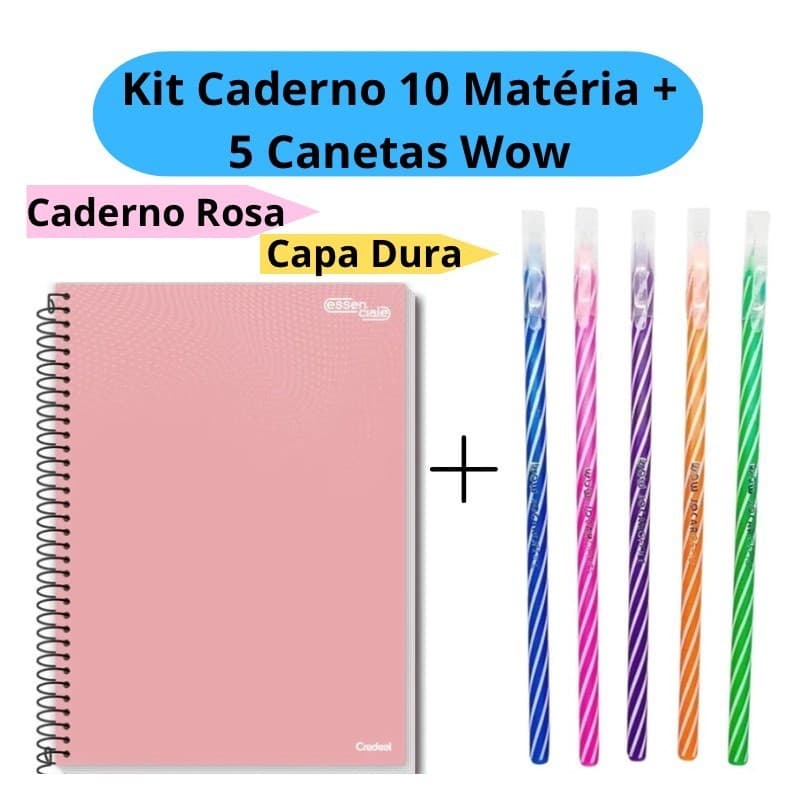 Kit Caderno Universitário 10 Matérias + 5 Canetas Wow 0.7mm Coloridas Capa Dura Rosa Escolar