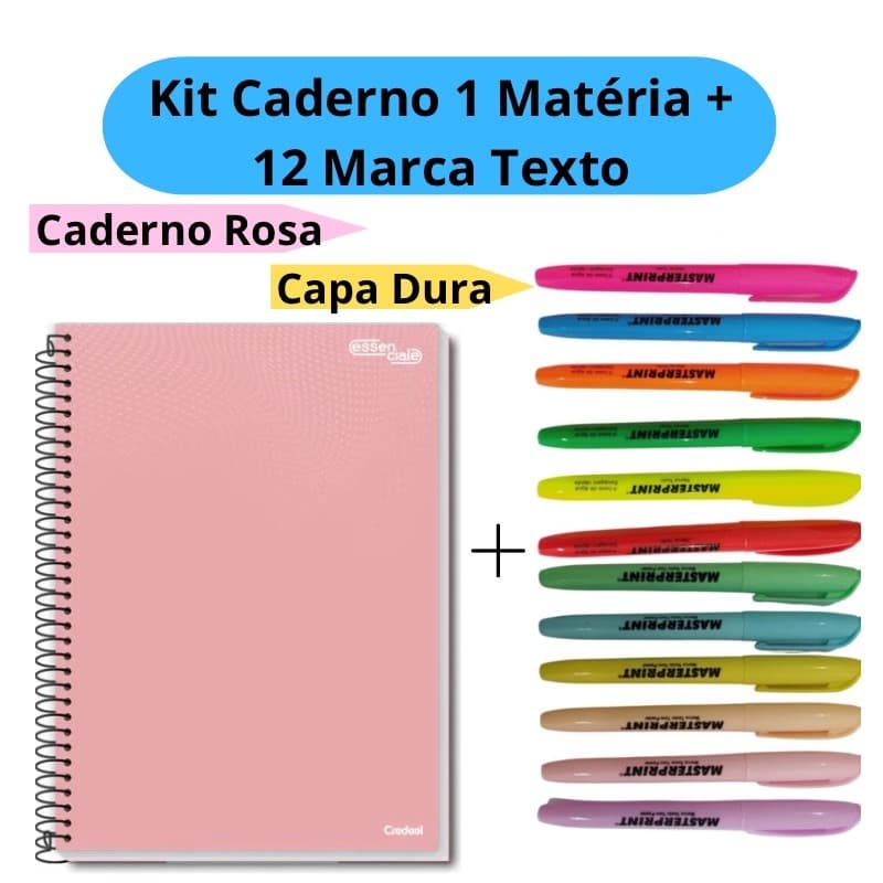 Kit 12 Marca Texto (6 Neon + 6 pastel) + Caderno Universitário 1 Matéria Caderno Capa Dura Rosa Escolar
