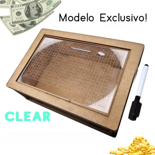 Cofre Desafio 10k Caixa De Dinheiro Poupança, Cofrinho em Madeira - Modelo CLEAR - Método Japonês