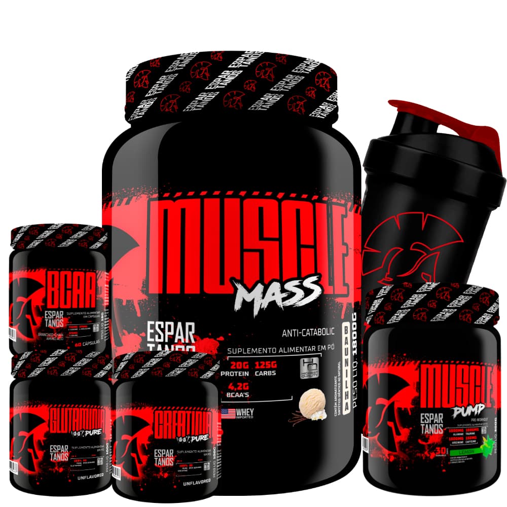 Kit Muscle Mass 1,8kg + BCAA + Creatina + Glutamina + Pré Treino Limão + Coqueteleira - Espartanos