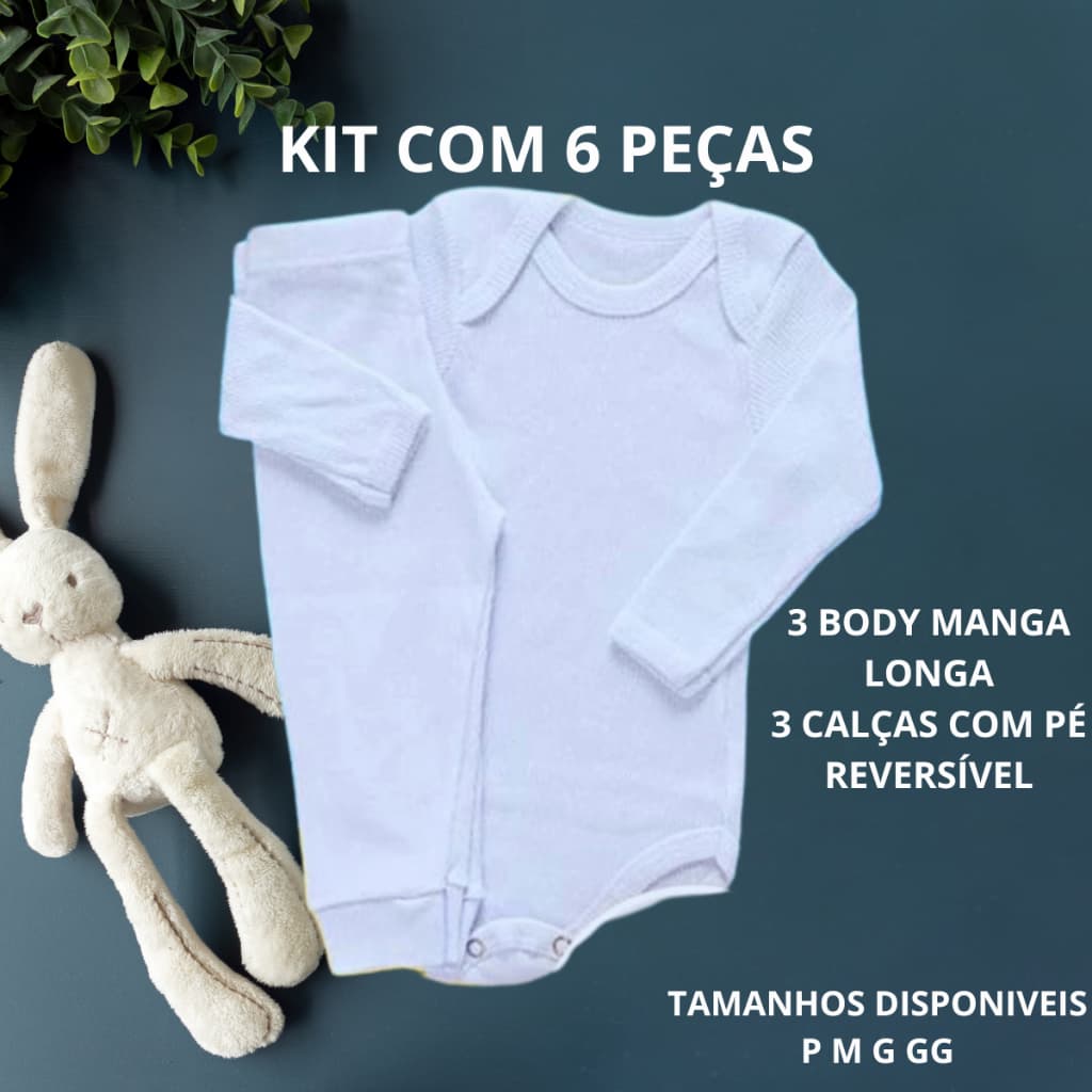Kit 3 Body e 3 Calças Mijão Branco Bebê Baby Tamanho RN P M G GG