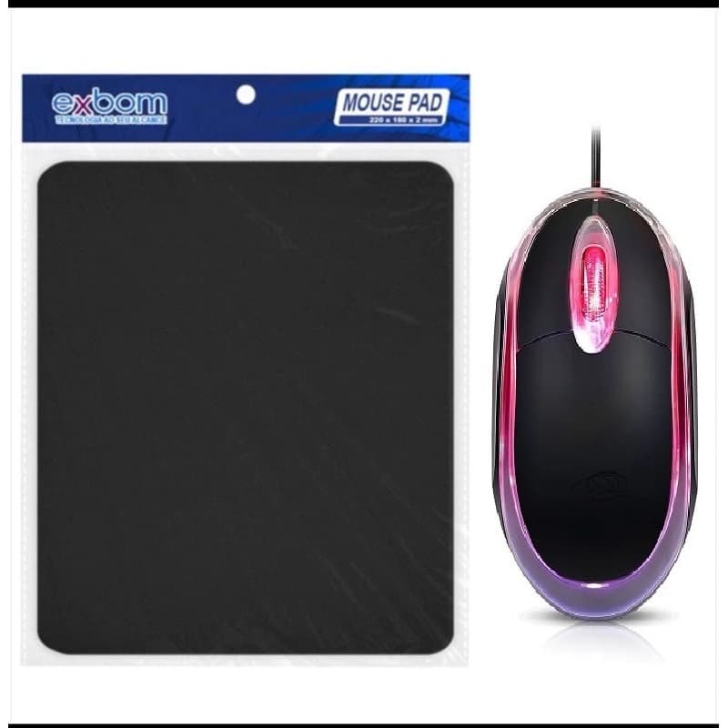 Kit Mouse Com Fio Usb Óptico + Mousepad Exbom 18x22cm