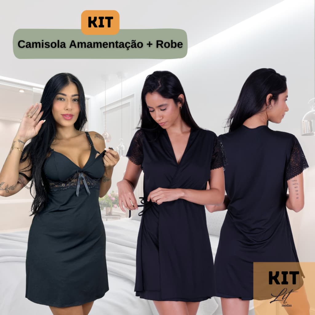 KIT 2 Peças - Robe e Camisola Amamentação com Renda Confortável Pós-parto Gestante Saída Maternidade - BeLIT Linha Noite