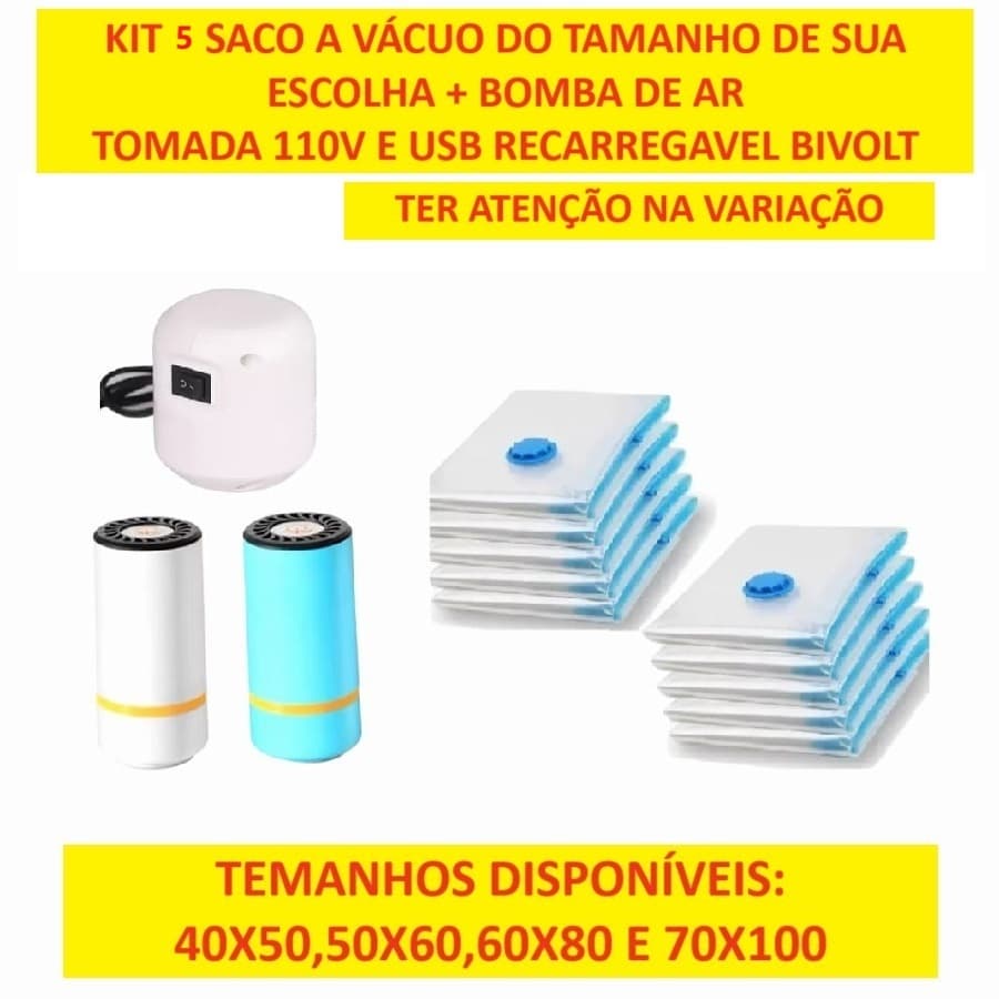 Conjunto 5 Sacos Com A Bomba Recarregável Bivolt Ou Elétrica 110v Diversos Tamanhos De Sacos Válvula
