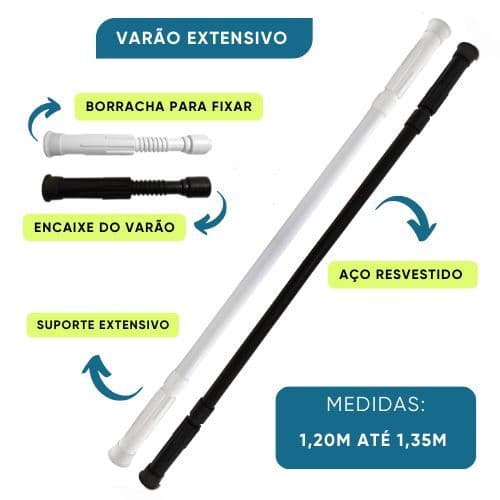 Varão Extensivo Ajustável 1,20m Até 1,35m para Cortina de Box Banheiro Suporte Extensor Branco/Preto