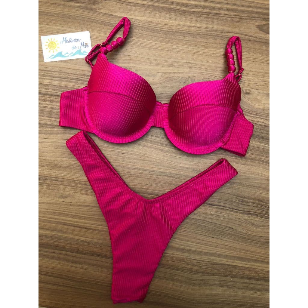 Biquini meia taça canelado c/ detalhes na alça