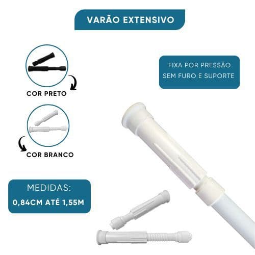 Varão Extensivo Branco/Preto Para Cortina de Box /Banheiro Tamanhos Variados