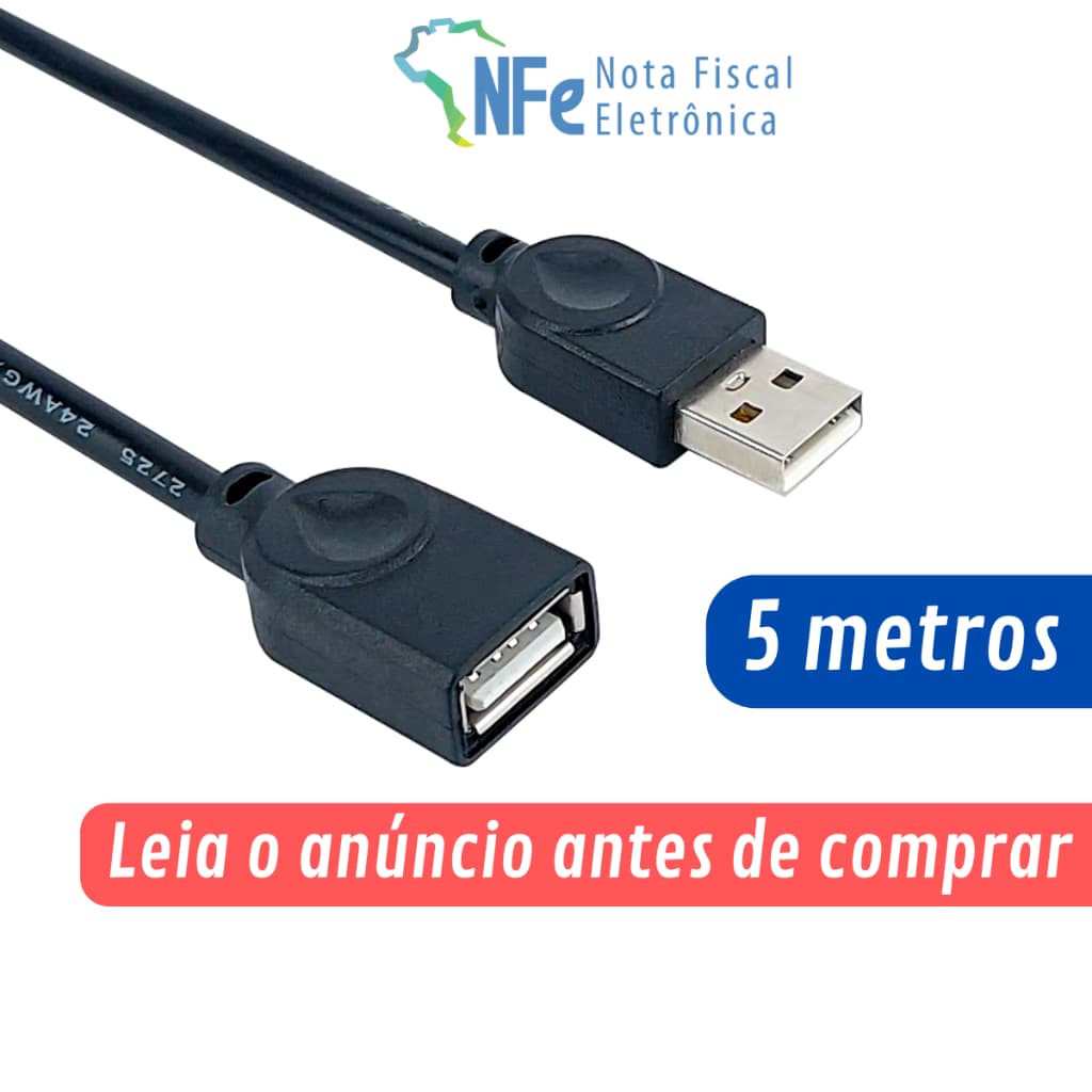 Cabo Extensor USB 2.0 de 5 Metros Macho x Fêmea AM+AF com Filtro