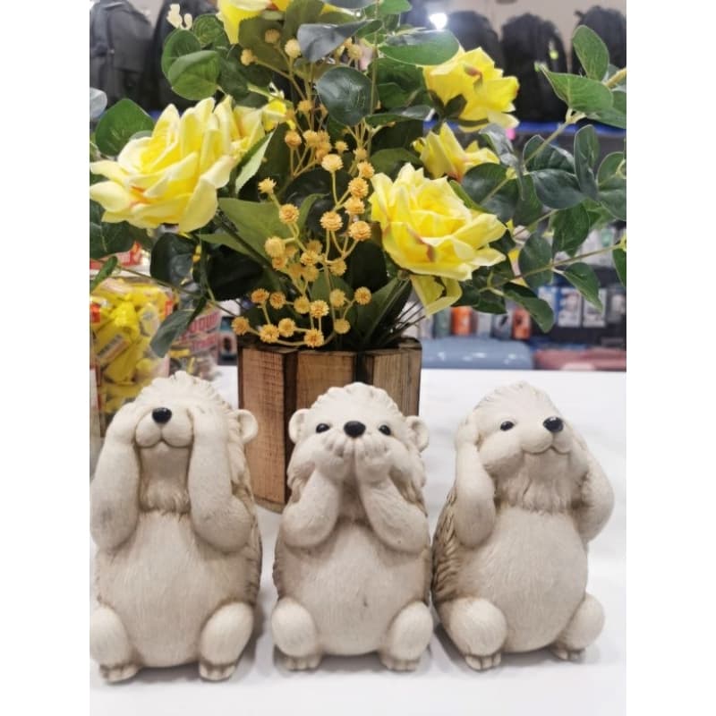 KIT Estatueta Trio Sabedoria Ouriço Decoração Gesso（Não ouça, Não veja, Não fale）