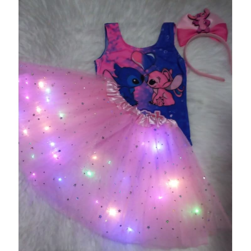 kit fantasia infatil stitch angel 3pçs saia de tule leds body e tiara.
