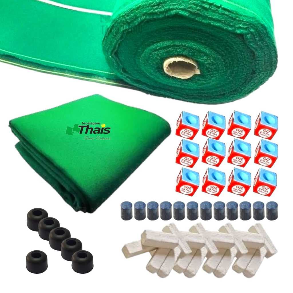 Pano Mesa de Sinuca 2,25 M x 1,30 M Tecido Acrílico Verde Thais Bilhar Kit Giz Azul Ponteira Reparo