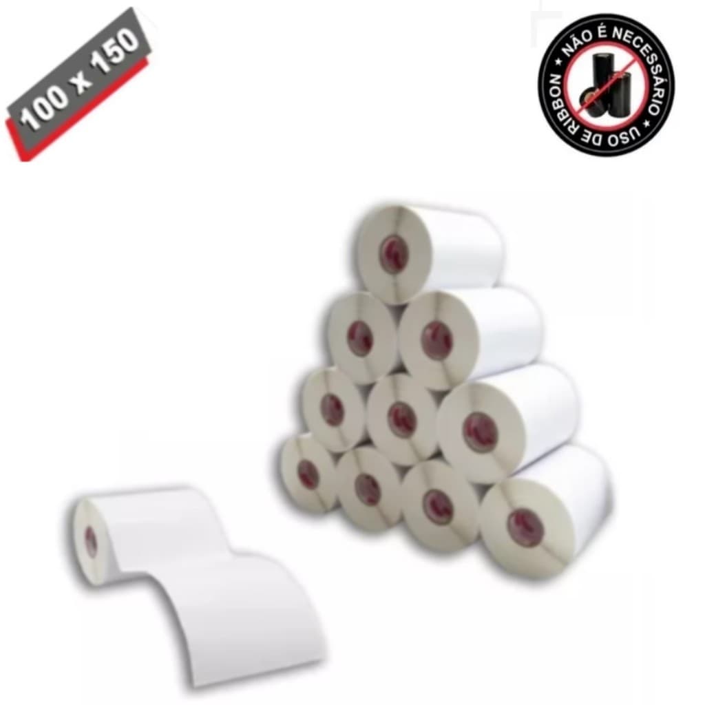 Kit com 10 Rolos Etiqueta 10x15 100x150 Termica Adesiva Serrilha Nao Usa Ribbon  (180  etq/rolo)