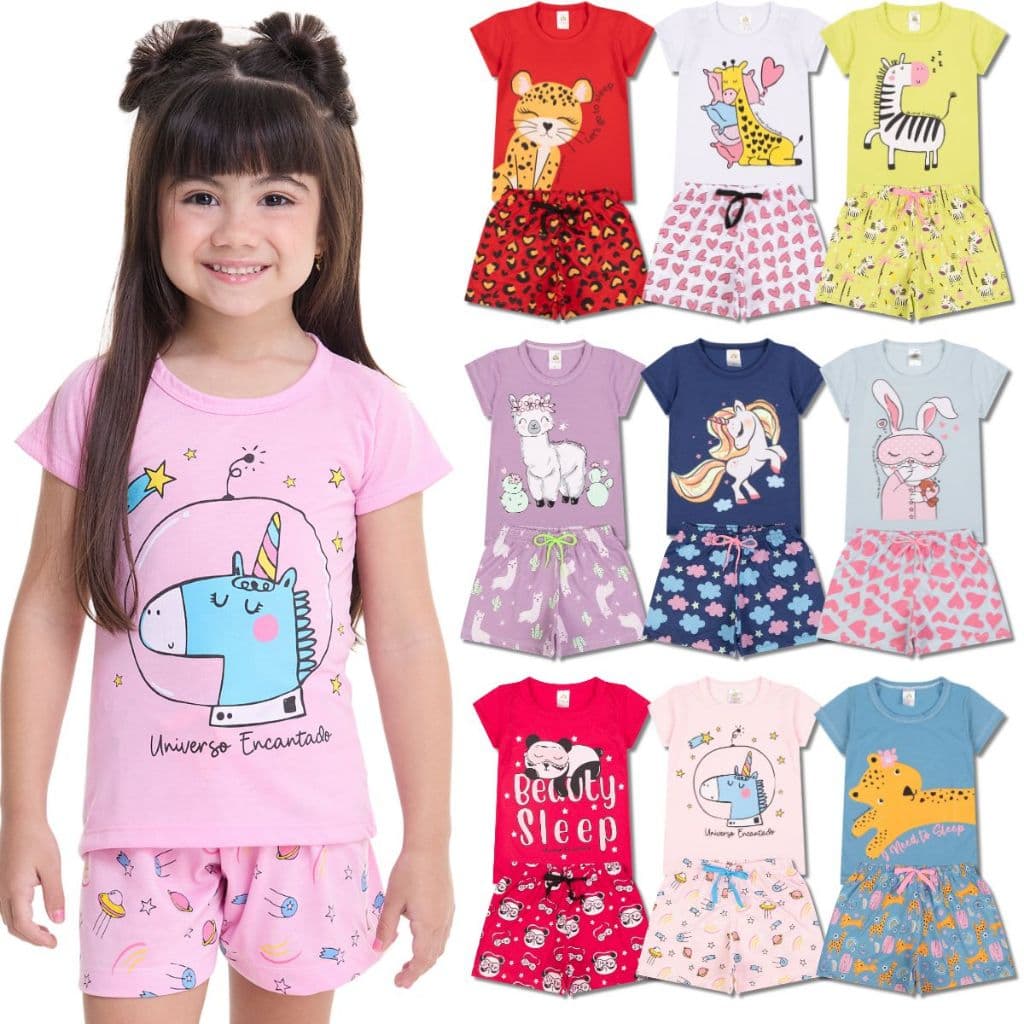 Kit 6 Peças de Pijamas Infantis para Meninas Confortáveis e Cheios de Estilo - 3 Pijamas para Menina