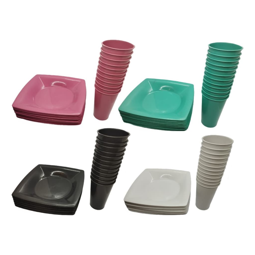 Kit Pratos Quadrados + Copos 300ml Reutilizável - Lanche, Refeições
