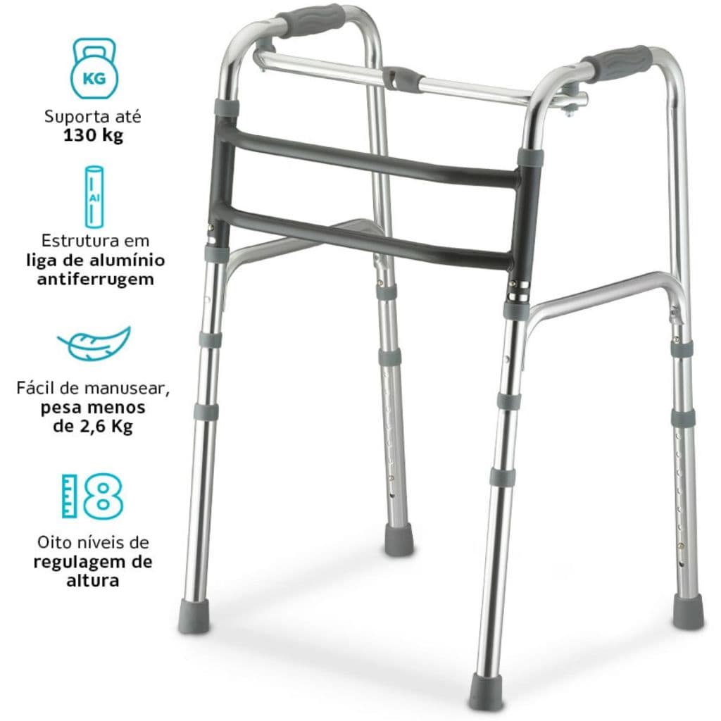 Andador idoso adulto 130kg alumínio dobrável regulável articulado