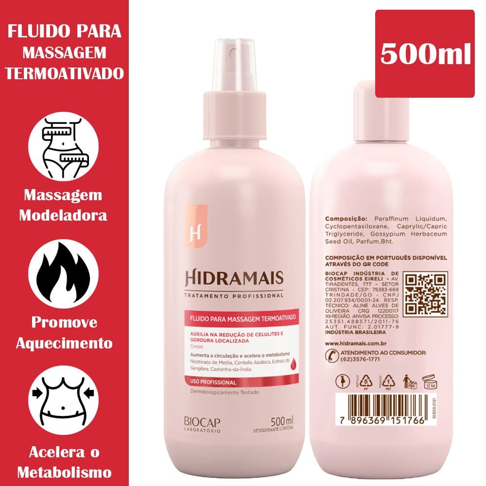Hidramais Fluido Térmico Ativado Nicotinato De Metila Para Tratamento De Gordura Localizada Celulites e estrias 500ml