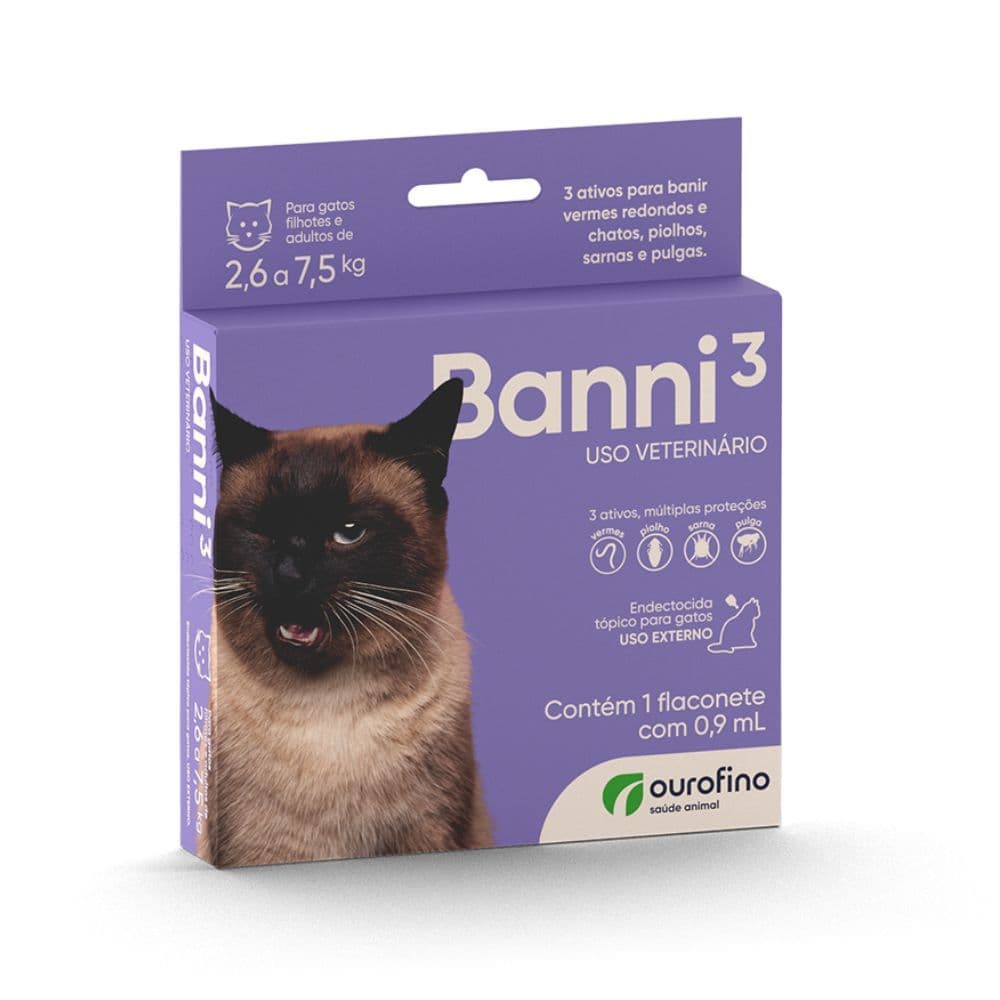Banni 3 Gatos 2,5kg a 7kg Vermes Pulgas Sarna Piolho - Ourofino Pet