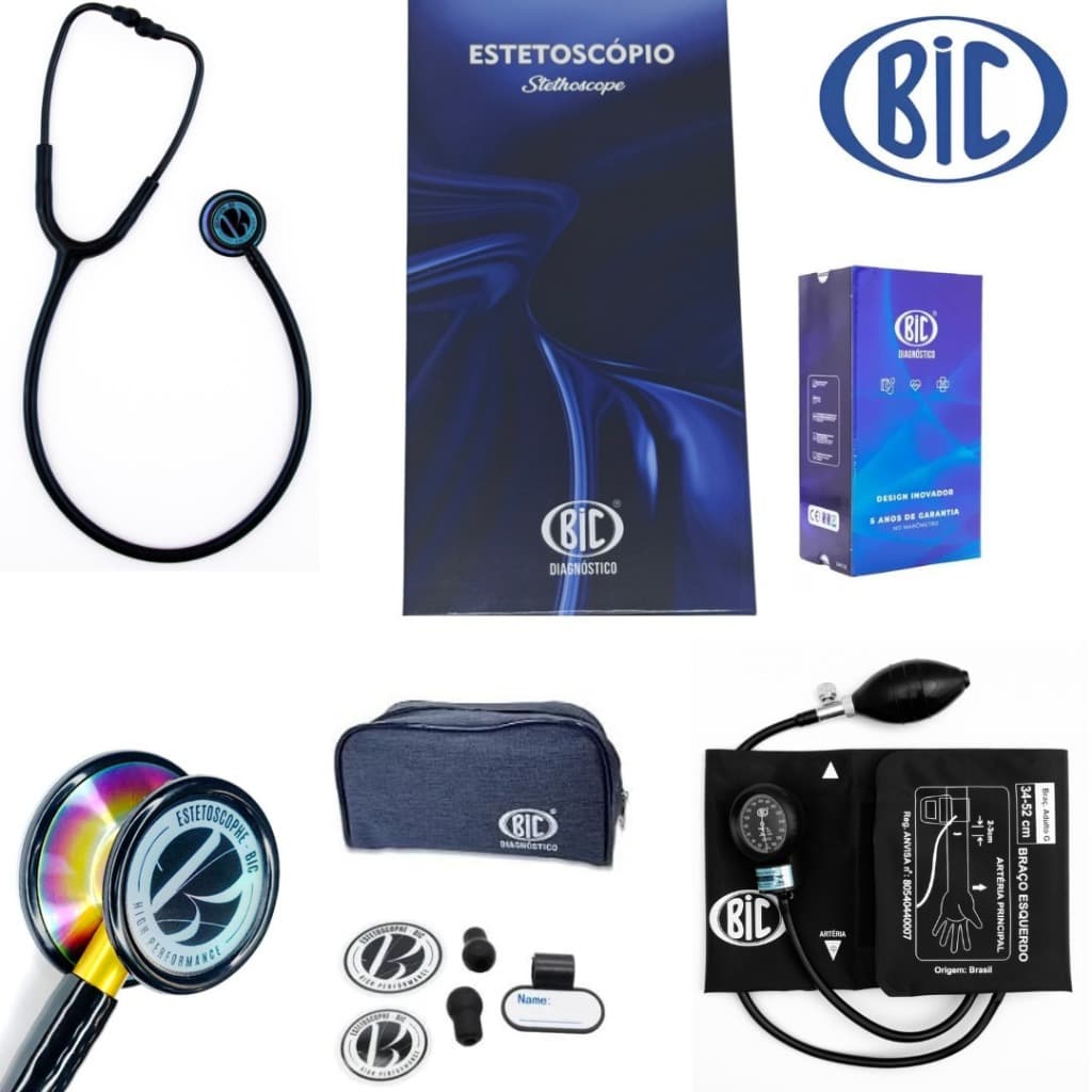 Estetoscópio Duplo Inox Eternity III Profissional BIC + Esfigmomanômetro Completo BIC Varias Cores