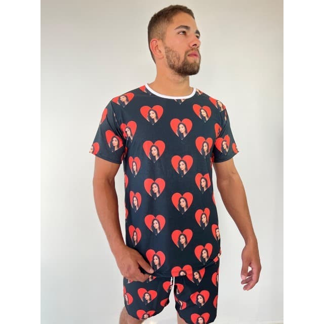 Pijama Masculino Personalizado com foto Coração Vermelho Short e Camisa