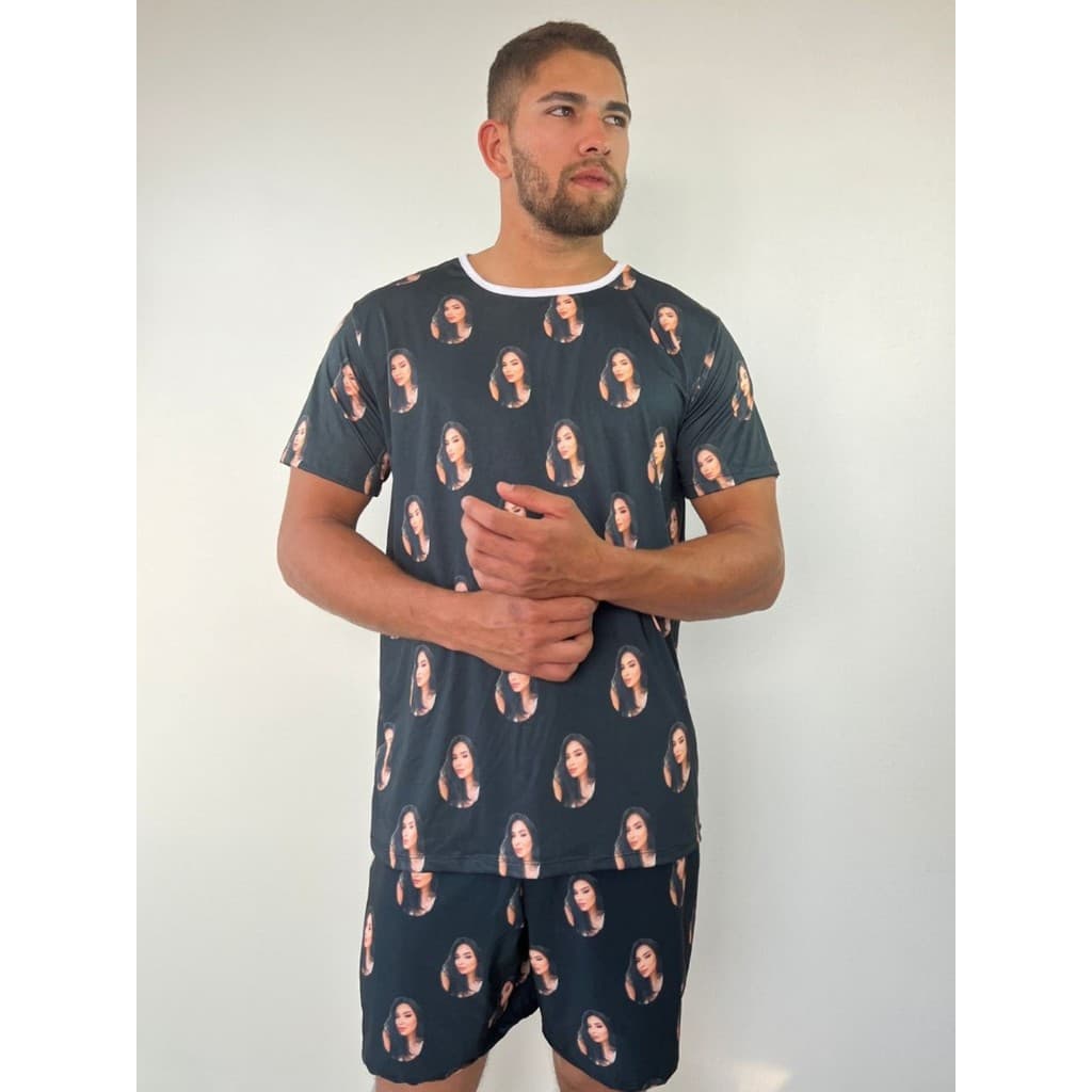 Pijama Masculino Personalizado com foto Fundo Preto  Camisa e Short