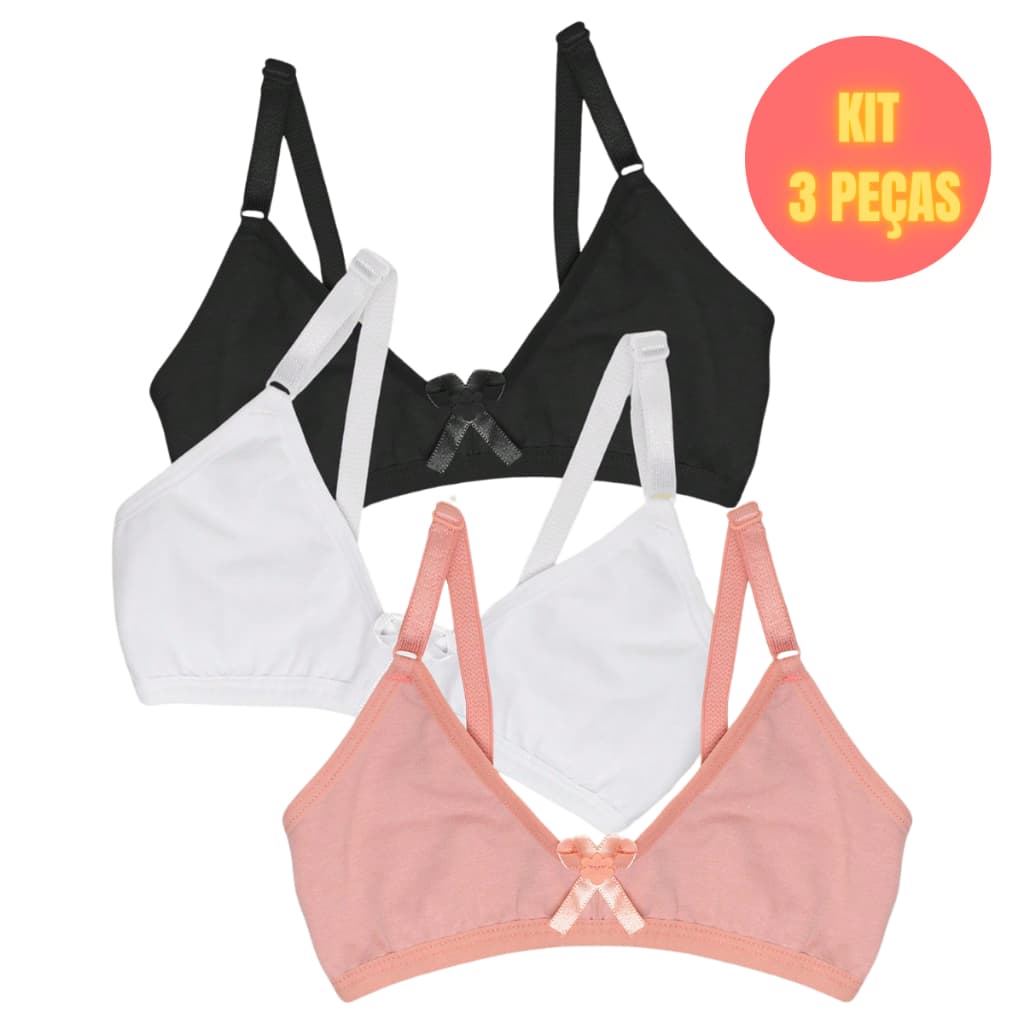 Kit 3 Sutiãs Infantis Em Algodão Para Meninas Sutiã Sem Bojo e Sem Aro Para Menina Moça