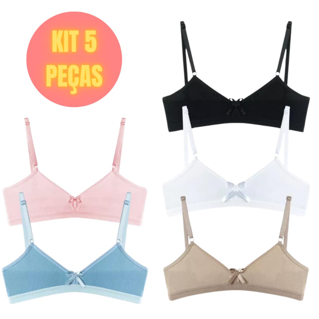 Kit 5 Sutiã Jovem Adolescente Para Meninas Top Algodão Sem Bojo Básico Juvenil Moda Infantil