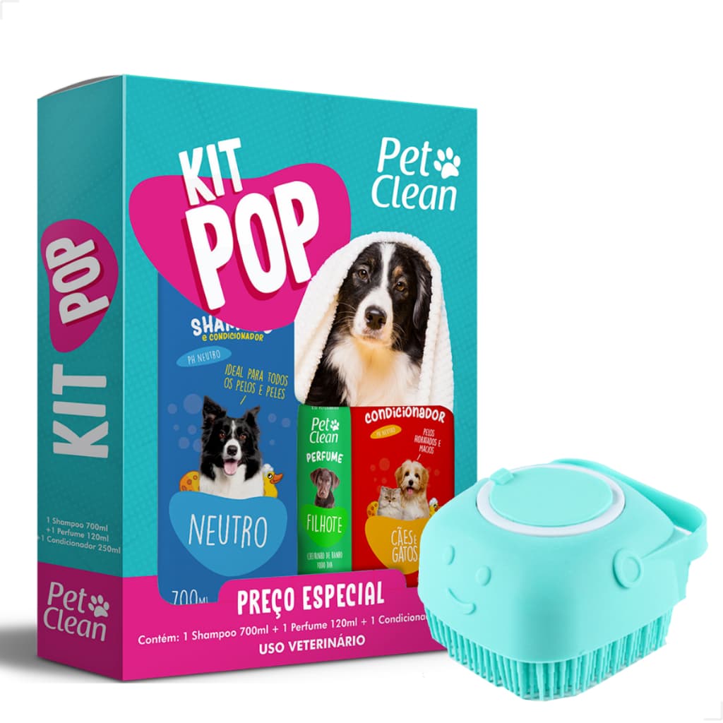 KIT Shampoo, Perfume, Condicionador e Esponja lava Pelos Pet Clean Cães e Gatos