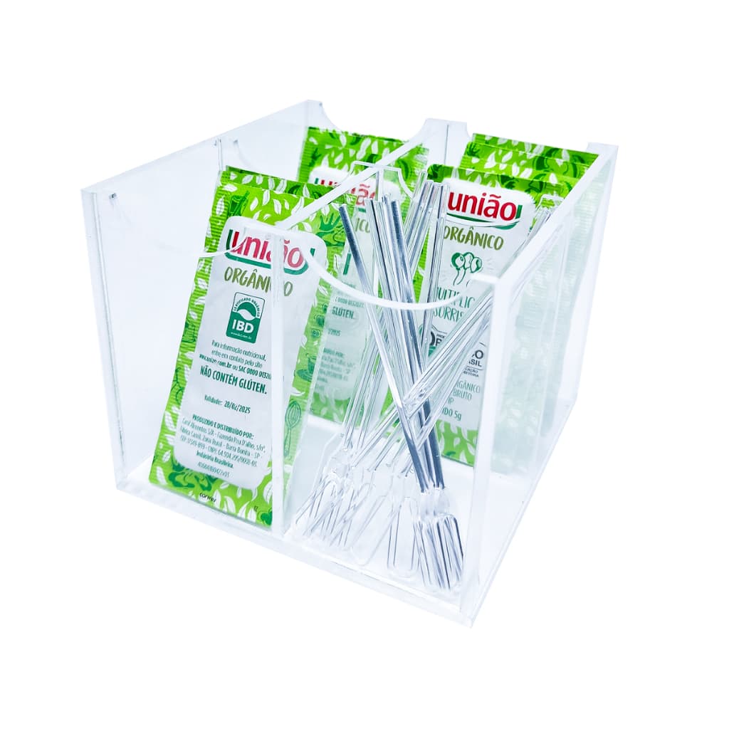 Caixa Porta Açucar Organizador de Sachês Com 4 Divisorias em Acrílico