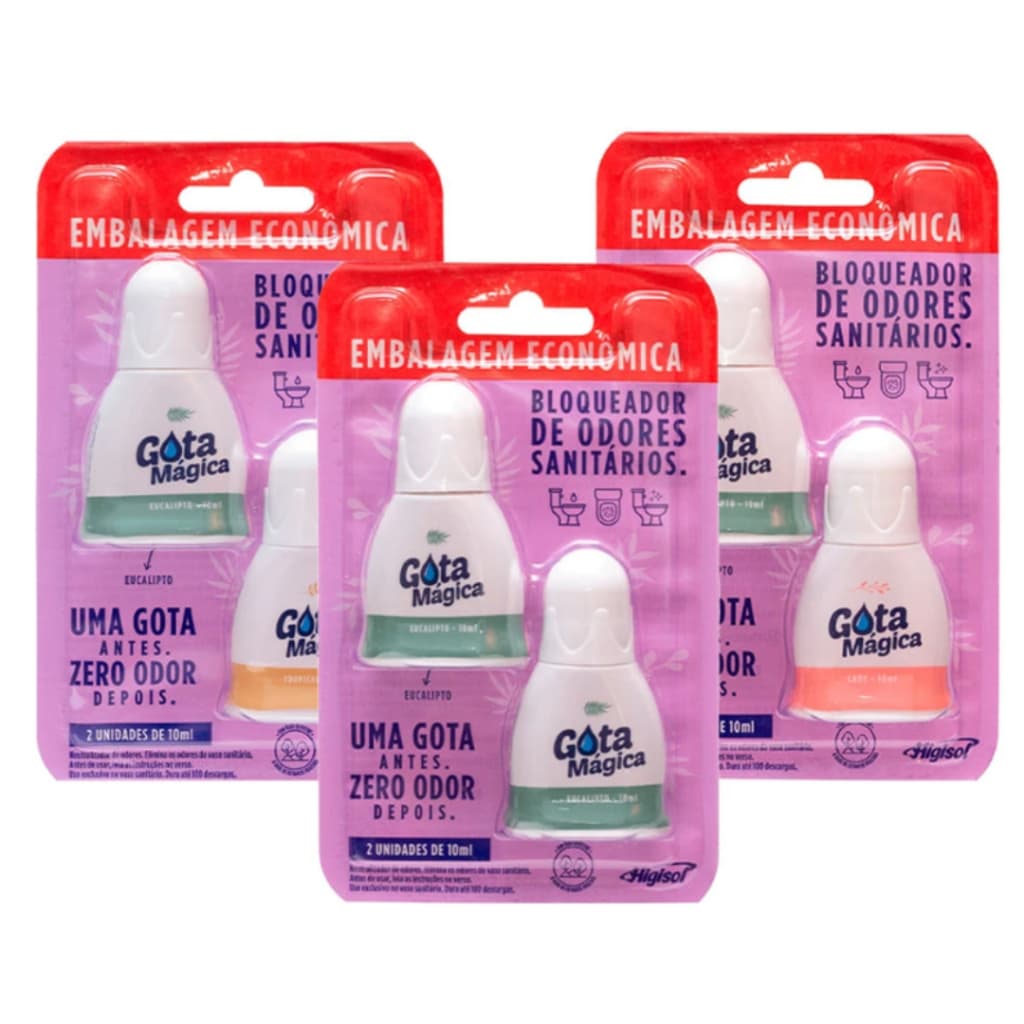 Aromatizador de Banheiro e Privada Gota Mágica Kit 2 Unidades Eucalipto/Tropical/Lady
