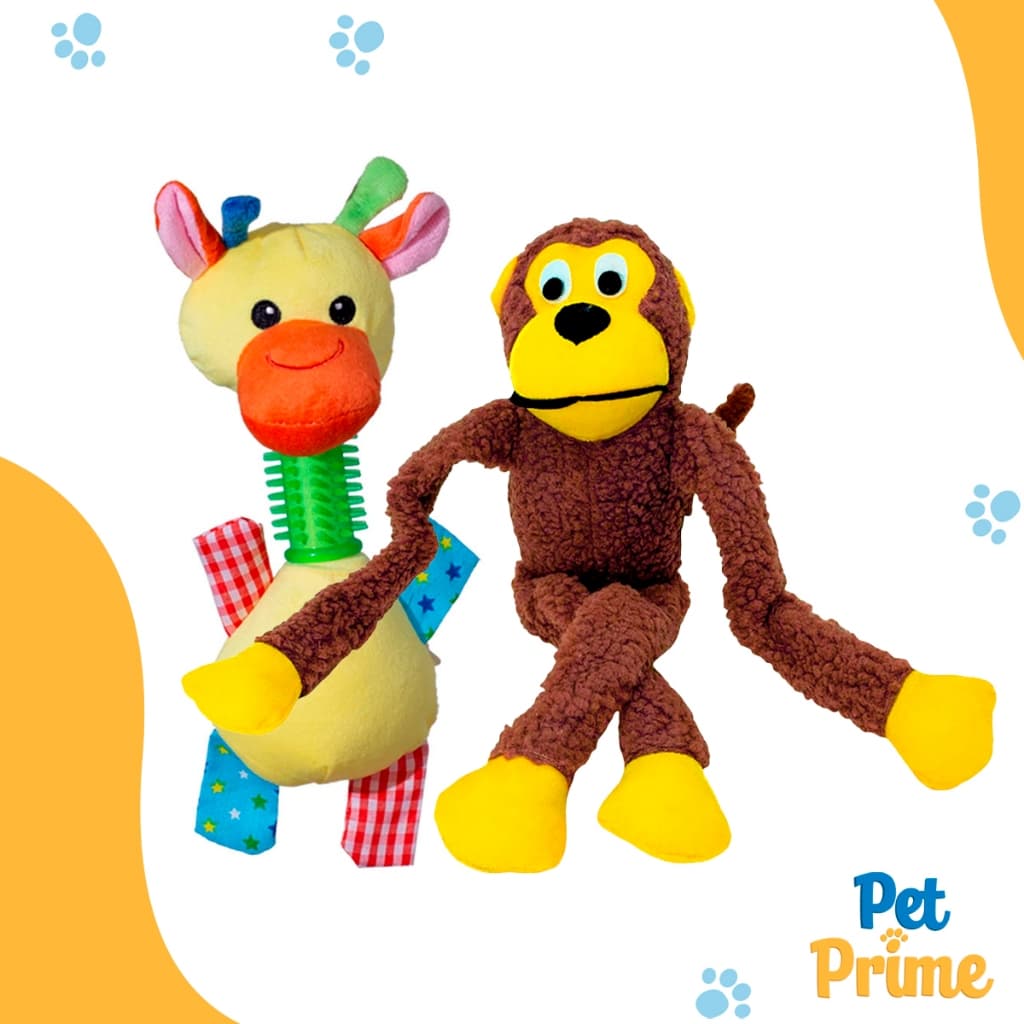 Kit 2 Pelúcias para Cachorro, Macaco 40 cm e Pato 25 cm Mordedor com Apito Savana Pet