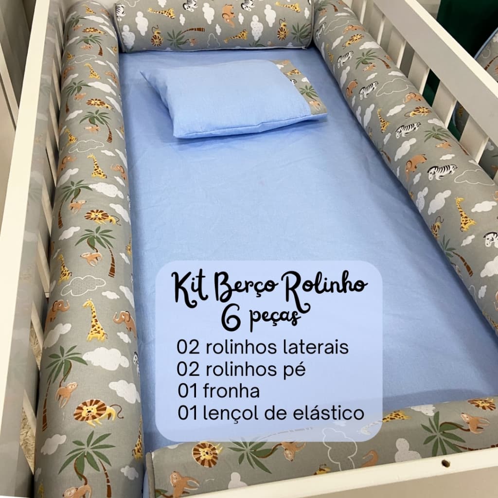 Kit Protetor de Berço Rolinho 6 Peças 100% Algodão Varias Cores - Menino e Menina