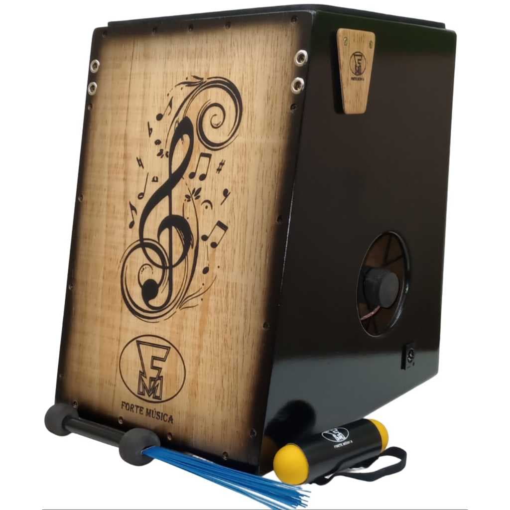CAJON ELETROACUSTICO FM com BUMBOS+10 OPÇOES DE ESTAMPAS + VASSOURINHA+ CANELA SHAKER+SLAP.:S/CABO
