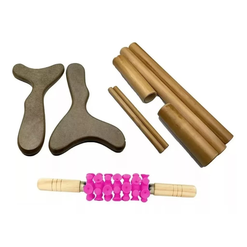 kit para Massagem Modeladora com Pantalas, Bambu e Rolo Turbinada Rosa PROMOÇÃO