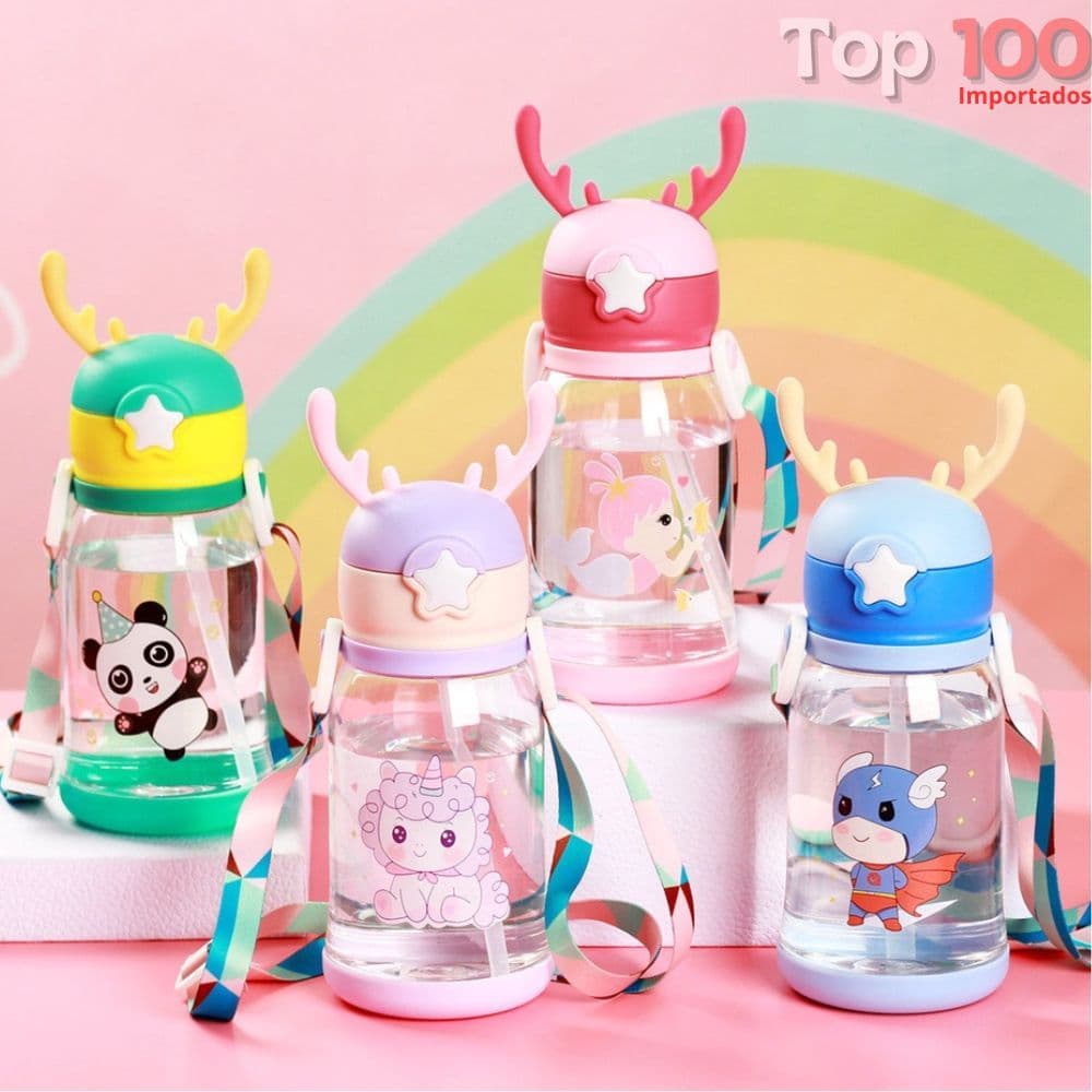 Garrafas De Alce Água Portáti Infantil 600ml Com Canudo e Cordão Desenho Multicolorido Para Meninas ou Meninos