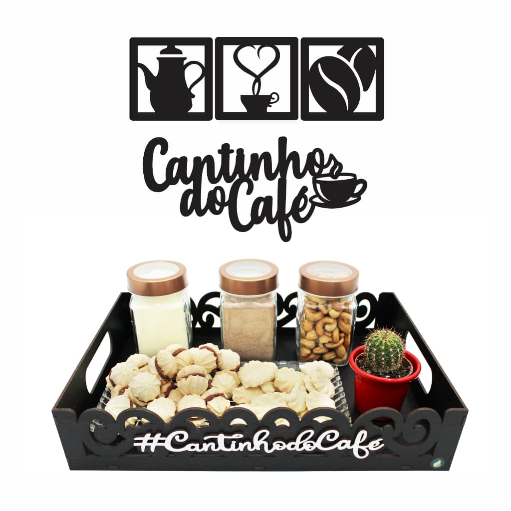 Kit Cantinho Do Café Com Bandeja Aplique Parede E Quadro Decorativo