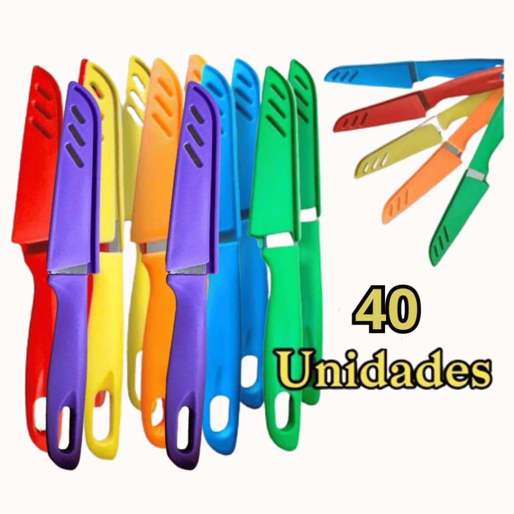 Kit 40 Facas Coloridas Aço Inoxidável Jogo de Faqueiro 20cm Cozinha Legumes Multiuso
