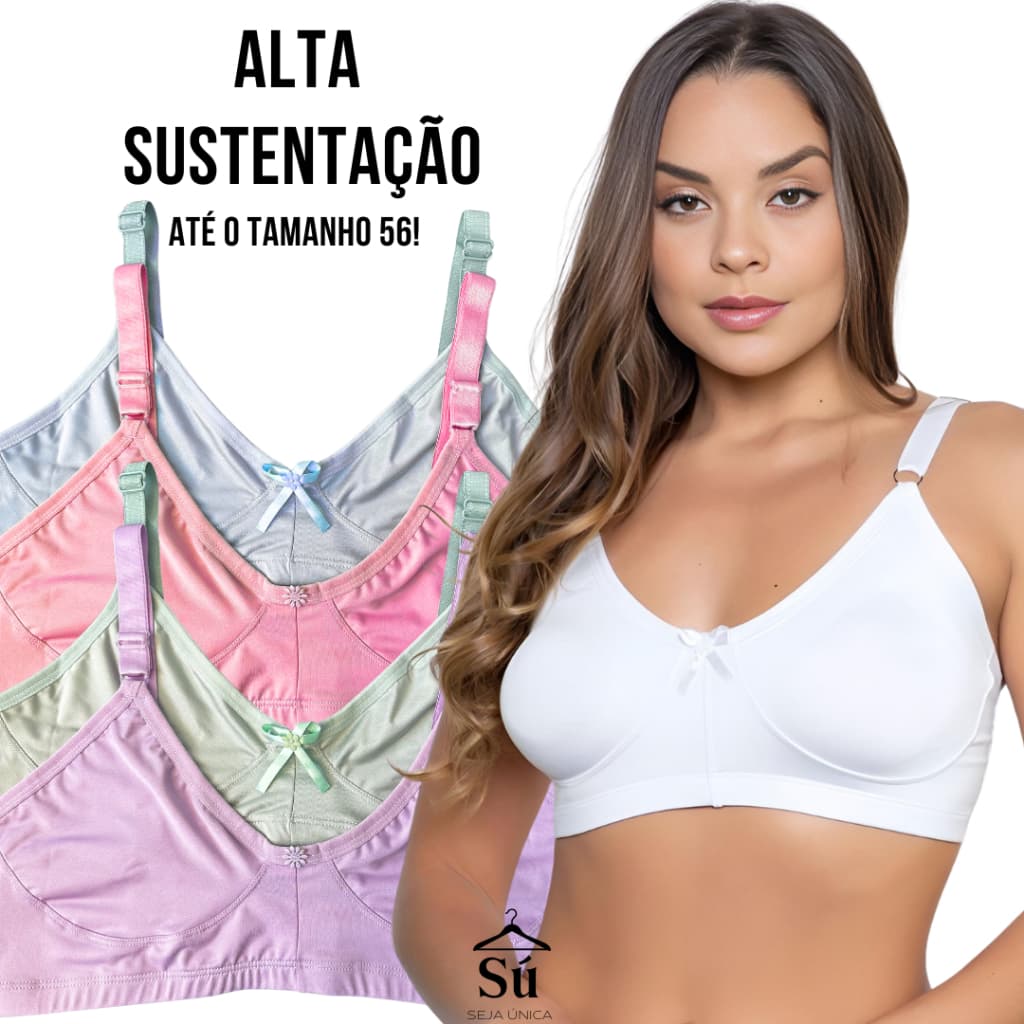 Kit 2 Sutiãs PLUS SIZE Alta Sustentação Reforçado Alças Grossas Soutien Liso Tecido Duplo Seja Única