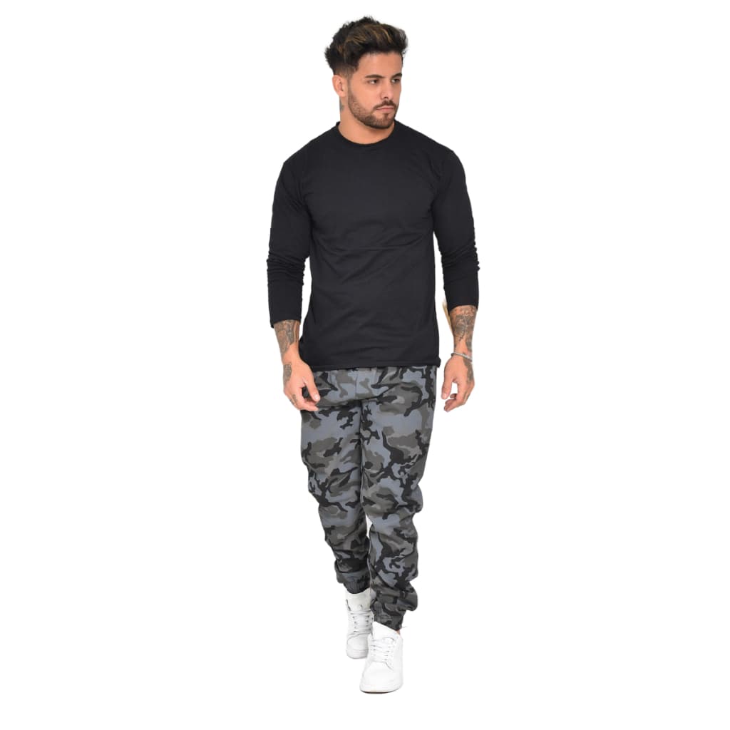 Calça Jogger Masculina - Cores Básicas e Camufladas - Lisas e Rasgadas - Camuflada Cinza e Preta