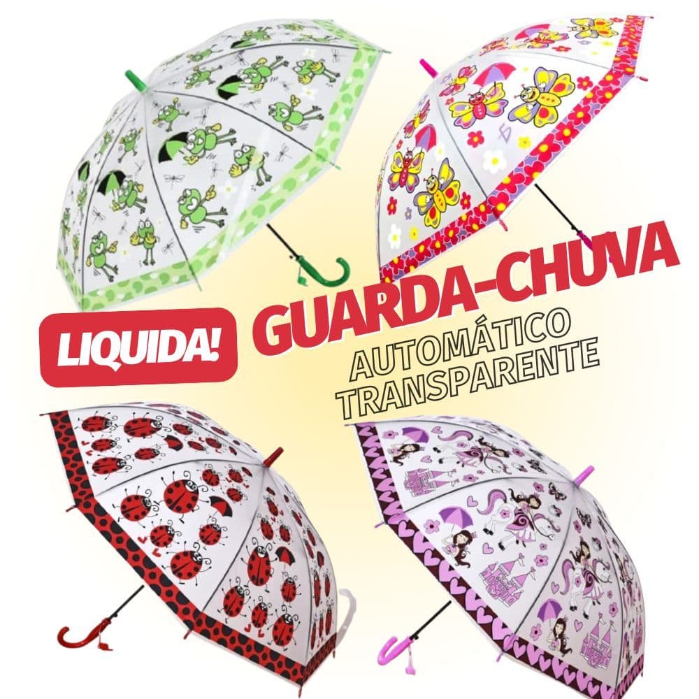 Guarda Chuva Infantil Automático Transparente Resistente Estampas Fofas em 6 Cores