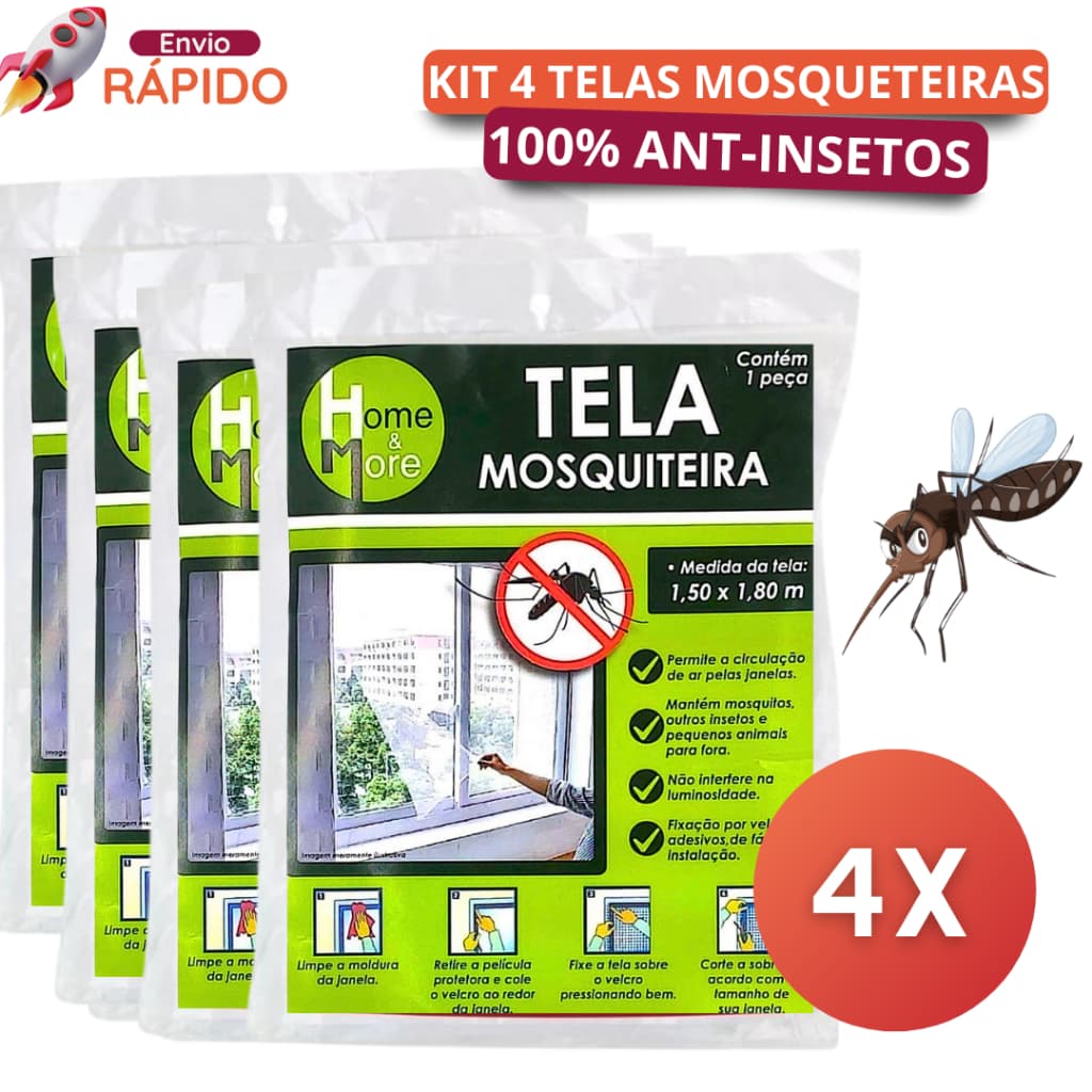 Tela Para Insetos Mosquitos 1,50 X 1,30cm - Kit 4 ou 2 Velcro Colante Para Janela Porta Pernilongo