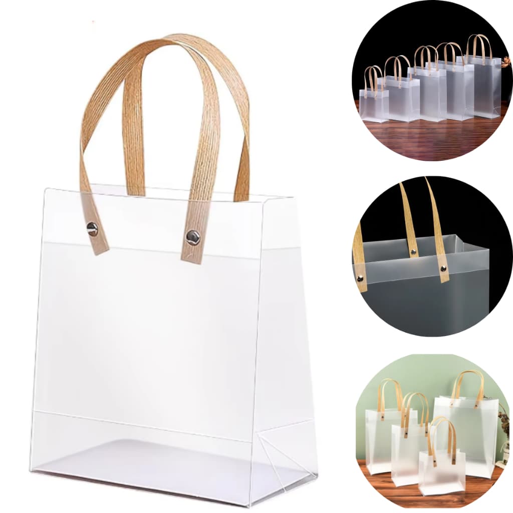 Sacola Transparente Fosca de PVC com Alça  - Pequena e Grande - 12 Peças