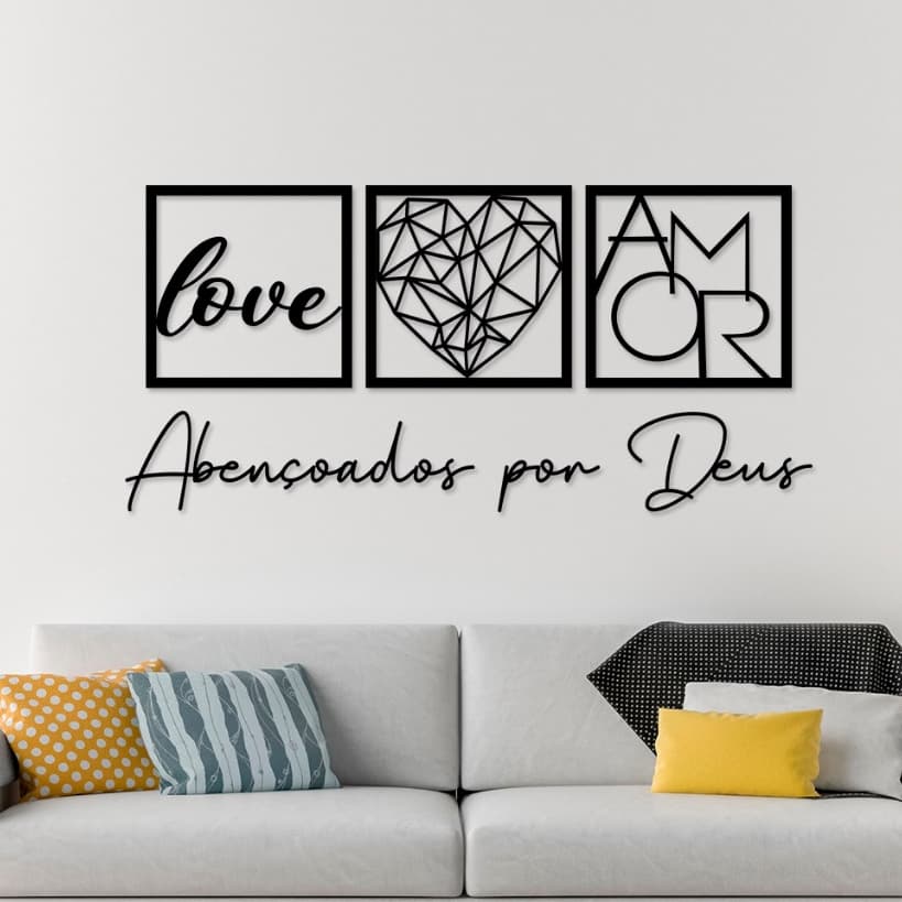 Kit 3 Quadros Decorativos Abençoados por Deus Love e Coração Geométrico Amor + Frase Quarto Sala
