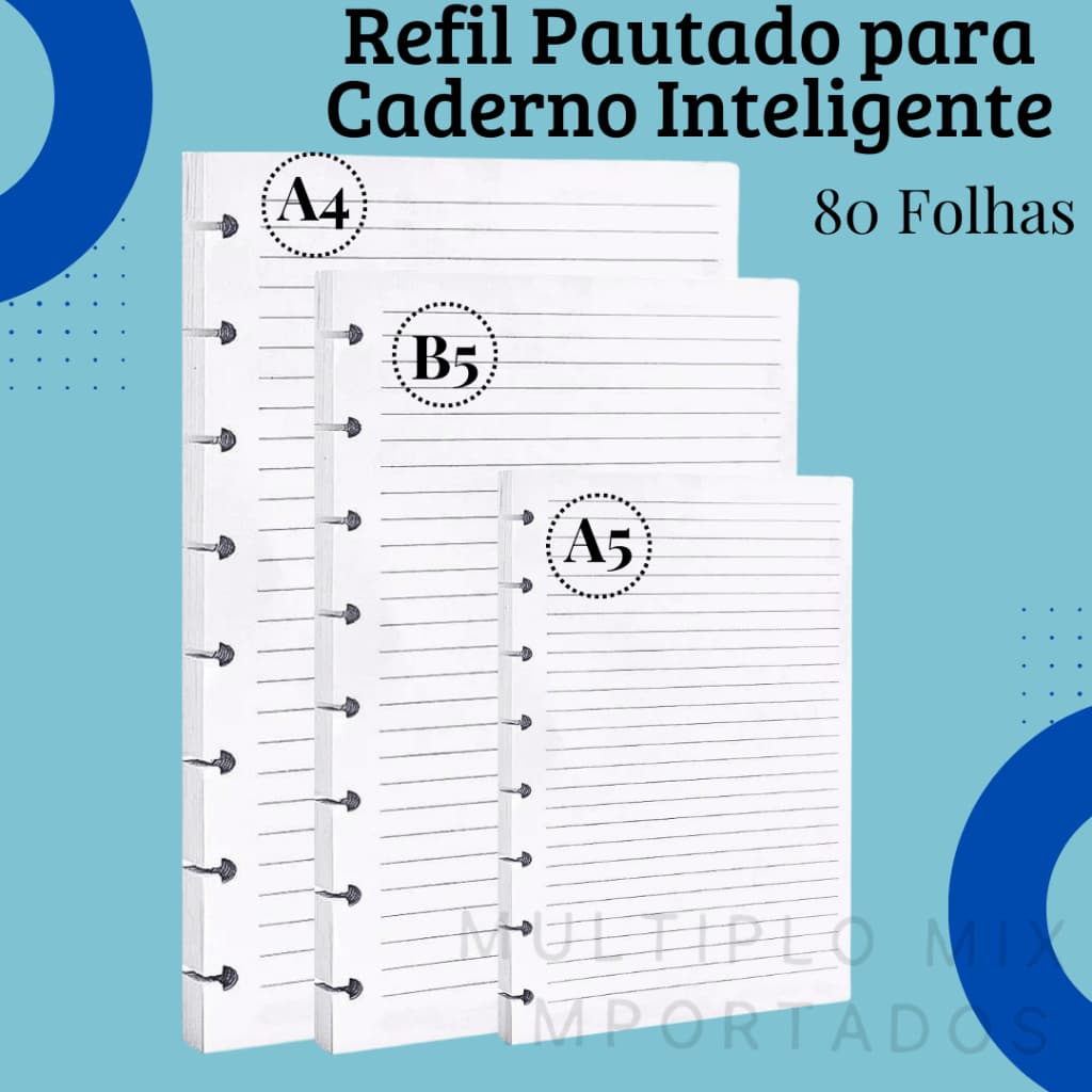 Refil de Folhas Pautadas para Caderno Inteligente B5 ou A4 ou A5 com 10  ou 11 ou 8 Furos de Discos